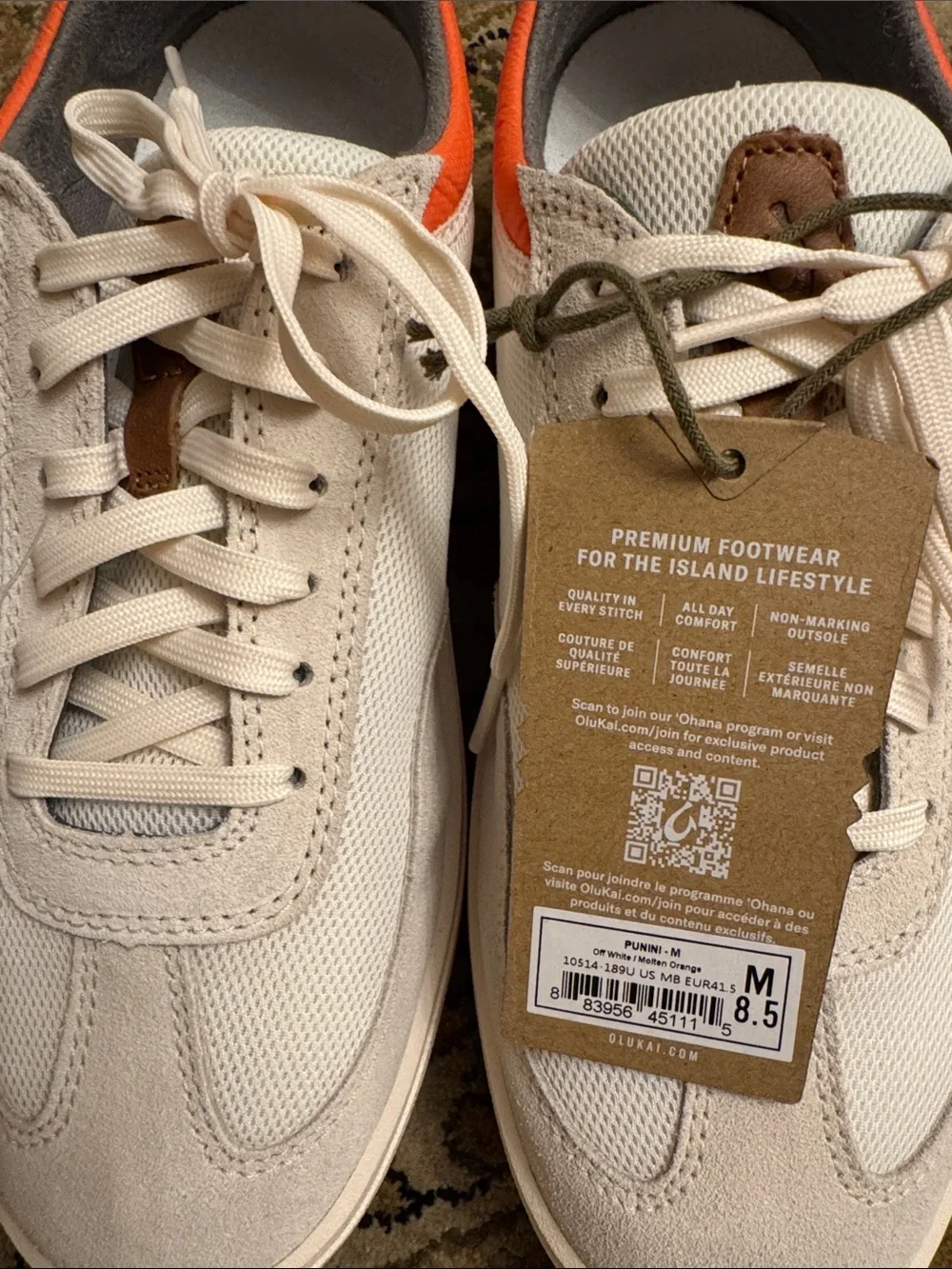 OluKai Men's White and Orange Low-Profile Sneakers